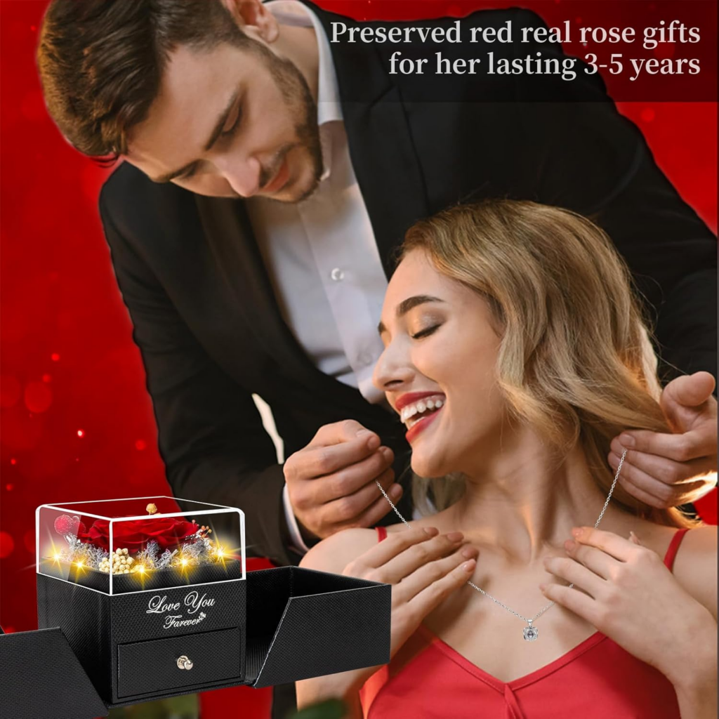  Preserved Red Real Rose with Heart Necklace