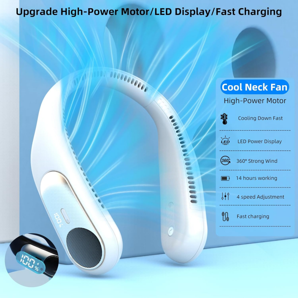 Portable Neck Fan, 6000mAh LED Display 4 Speeds